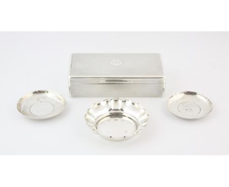 Engine turned presentation cigarette box, London 1922, two shallow dishes inset with coins, another shallow dish Birmingham 1