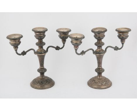 Pair of modern silver three light candelabra, with scroll arms on round bases, Birmingham 1979, H22.5cm