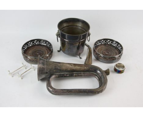 Silver plated items including pair of bottle coasters, planter, Boosey and Hawkes bugle, and other items