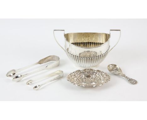 Silver fluted sugar bowl, Birmingham 1905 maker indistinct, two pairs of sugar tongs one London 1842, one Sheffield 1905, emb