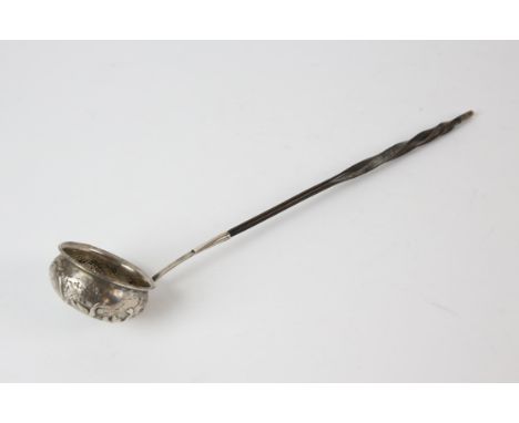 Georgian silver white metal ladle with geese, rabbits and rural decoration with a baleen handle.