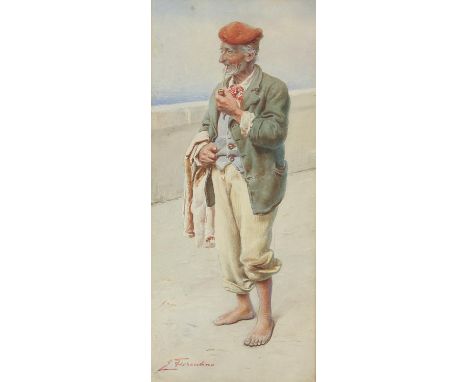 Edoardo Tiorentino (1824-1886), portrait of a peasant smoking a pipe, watercolour, signed lower left, 44 x 19cm, framed and g