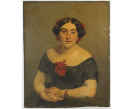 Twentieth-century British School, portrait of a lady with red flowers, oil on canvas, signed indistinctly top left, unframed,
