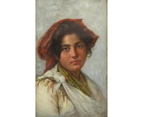 Enrico Gargiulo (Italian, 1881-1948), portrait of a lady with a red headdress, oil on panel, signed lower right, 29.5 x 18cm,