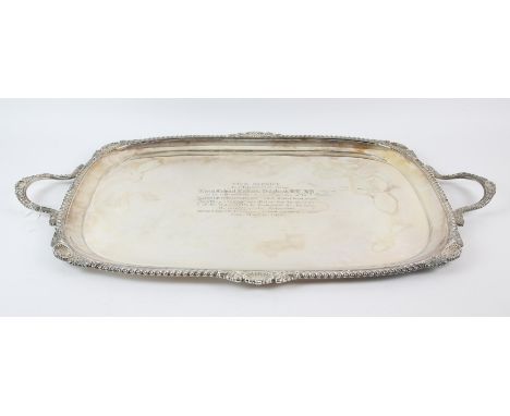 George V silver two handled presentation tray,by William Hutton & Sons Ltd, with cast gadrooned, shell and foliate border, Lo