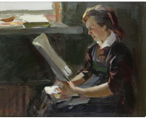 Twentieth-century British School, portrait of a woman reading a book, oil on canvas, initialled 'A. T. K.' lower left, 54 x 6