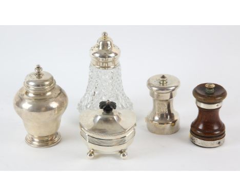 Small Edward VII sugar box, by Thomas Bradbury & Sons Sheffield 1906, plain silver tea caddy of baluster form by John Henry R