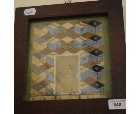 An unusual 19th century quilt sampler, by Sarah Sear, Born 1790, aged 80, with a photograph of her in the centre, in an oak f