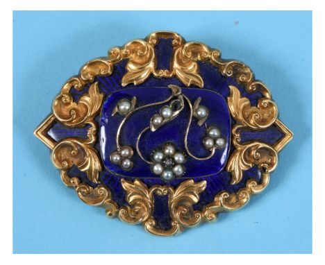 A mid-19th century yellow coloured metal, enamel and seed pearl memoriam brooch, of shaped lozenge form, the reverse with a h