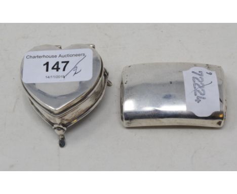 A George III silver snuff box, Samuel Pemberton, London 1813, 5.5 cm wide, and a silver heart shaped box, initialled, Birming