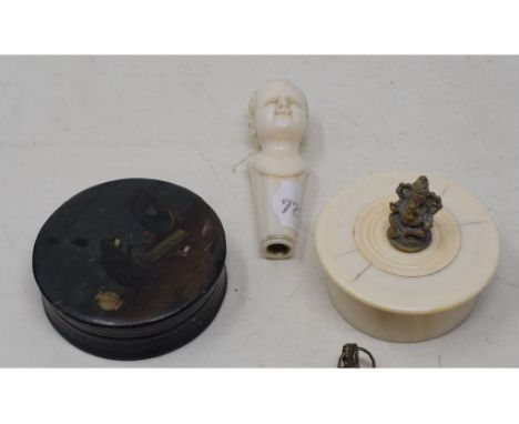 **Amendment NO portrait miniatures in this lot** An ivory box and cover, surmounted a brass elephant, 6.5 cm diameter, a port