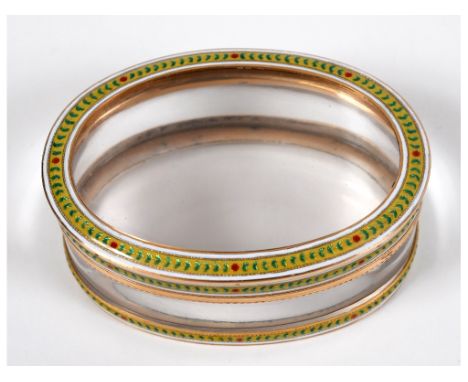A 19th century French oval snuff box, the gold mounts with enamel decoration, 7.5 cm wide, with original travelling case, mou