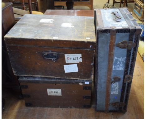 A metal bound pine box, containing assorted wood working tools, 69.5 cm wide, two similar boxes and a trunk (4) 
