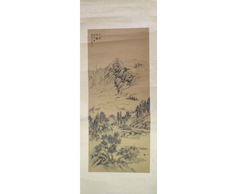 A Chinese scroll painting, decorated a landscape, watercolour, 86 x 36 cm 