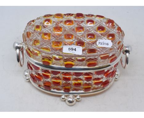 A clear and ruby glass biscuit box, with plated mounts, 17 cm highModern 