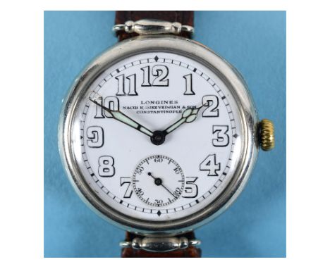 An early 20th century gentleman's nickel plated Longines wristwatch, the enamel dial signed Longines, Nacib K Djezvedjian & S