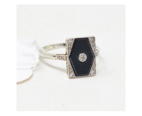 An Art Deco style white coloured metal onyx and diamond panel ring, approx. ring size PReport by RBApprox. 2.6 g 