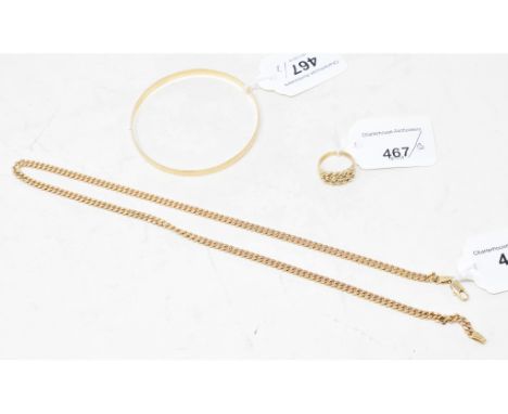 A 9ct gold necklace, a 9ct gold bangle and a 9ct gold knot ring, approx. 36.1 g (3) 