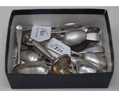 Assorted silver and silver coloured metal spoons, various dates and makers, two silver decanter labels, Sherry and Brandy, an