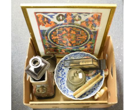 A Chinese brass bell, a similar vase lamp, a Tibetan Thangka, a Japanese bowl, and other items (box) 