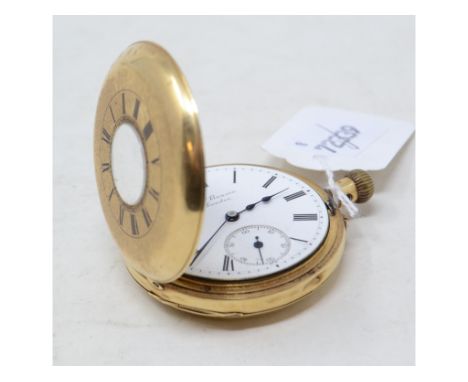 EXTRA LOT:  An 18ct gold J.W. Benson half hunter pocket watch, with white enamel Roman numeral dial, crested 