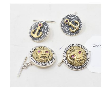 Two pairs of silver and gold plated ruby set cufflinks 