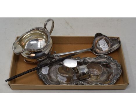 A 19th century toddy ladle, with a whalebone twist handle, a silver milk jug, London 1831, approx. 5.5 ozt, a pair of silver 