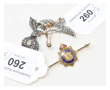 A 9ct gold and enamel sweetheart brooch, The Devonshire Regiment, approx. 4.6 g (all in), and four other brooches (5) 