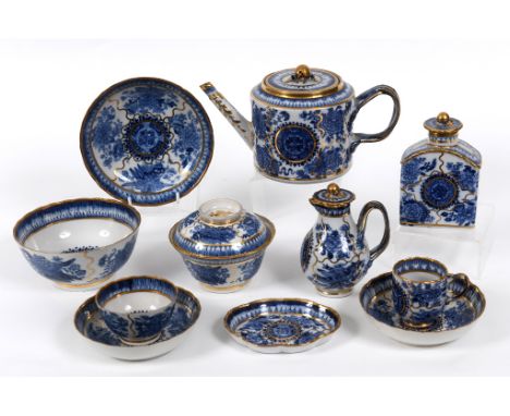 A Chinese export blue and white porcelain part tea and coffee service, comprising a teapot and cover, a tea caddy and cover, 