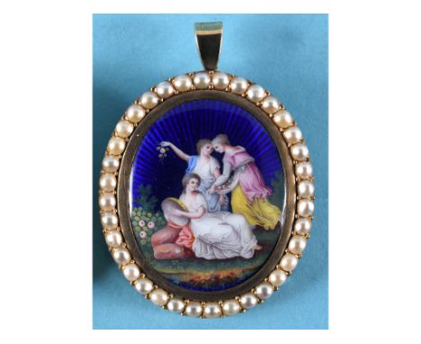 A late 19th century oval yellow coloured metal pendant, the enamel centre decorated figures within a surround of seed pearls,