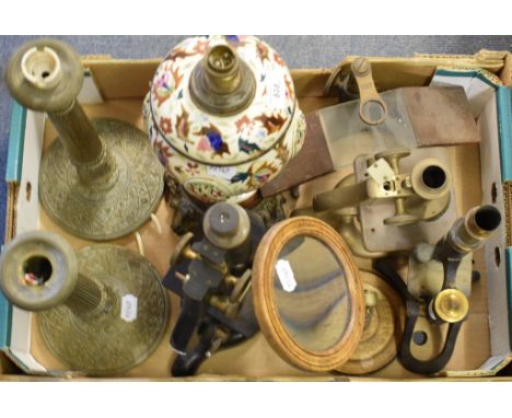 A Zsolnay Pecs style lamp, slight damage, a pair of brass candlesticks, a microscope, and other items (box) 