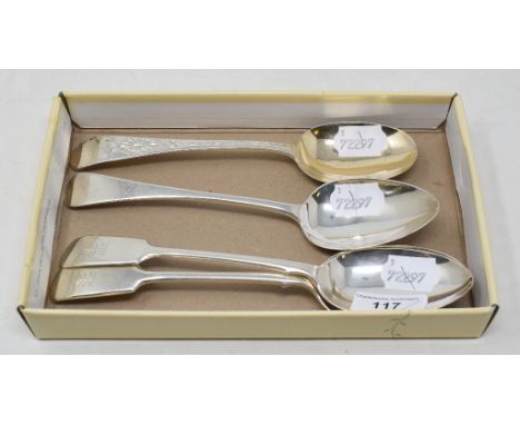 A George III silver old English pattern table spoon, Paul Storr, London 1811 a silver spoon, possibly Exeter 1752 and another