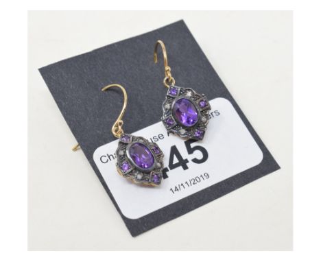 A pair of 9ct gold, amethyst and diamond earrings 