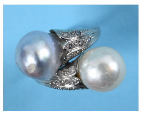 A white coloured metal, pearl and diamond crossover ring, probably 1930's and platinum, approx. ring size J½ See colour illus