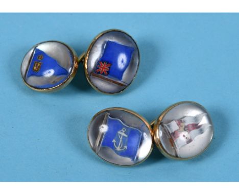 A pair of 18ct gold and intaglio cufflinks, decorated flags  See illustrationReport by RBApprox. 13.8 g (all in) 
