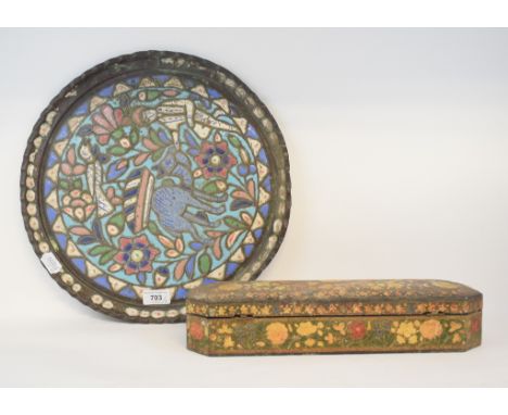 A Syrian copper tray, with enamel decoration, 38 cm diameter, and a Kashmiri papier mache box (2) 