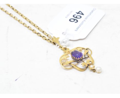An Art Nouveau 15ct gold, amethyst and seed pearl pendant, on a chainApprox. weight total 8.0 g 
