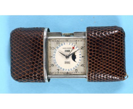 A 1930s nickel plated Movado purse watch, with phase of the moon, day, date and calendar, in a leather case See colour illust