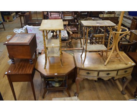 An octaganol walnut occasional table, 76 cm wide, a side table, a commode, a coal scuttle, two bamboo occasional tables and a
