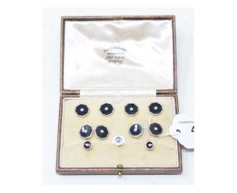 A set of Art Deco style cufflinks, with matching buttons and studs, in a Boodle & Dunthorne box 