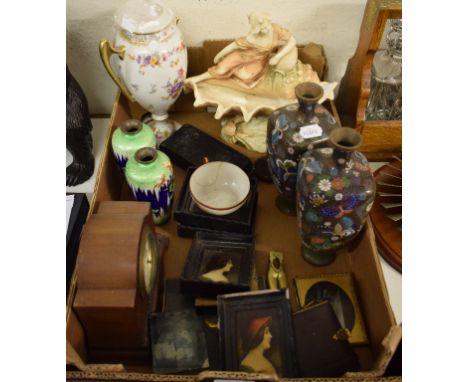 A pair of Japanese cloisonné vases, slight damage, 24 cm high, two Daguerreotypes, others similar, a mantel clock, a Royal Du
