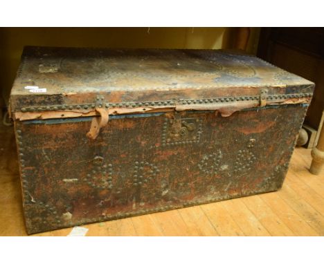 A 19th century leather covered stud work trunk, 92 cm wide, and an oak silver chest (2)Provenance: From the Estate of the Lat
