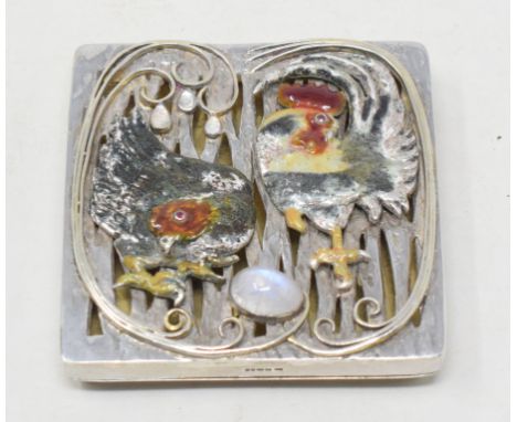 A modern silver novelty paperweight, of square form, decorated a cockerel and a chicken in enamel colours, London 2010, 7.5 c