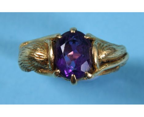 A craftsman made 18ct gold and amethyst ring, marked ACC, approx. ring size K½ See illustrationApprox. 7.4 g 