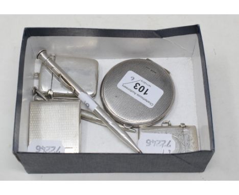 A silver and enamel compact, Birmingham 1941, three silver vestas, and two pencils (6) 