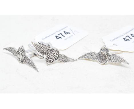 A pair of silver RAF style cufflinks, and a matching badge 