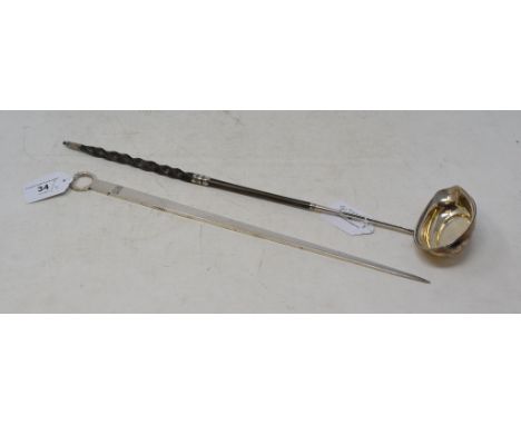 A George III silver skewer, with a ring end, London 1768, approx. 4.1 ozt, and a George III silver toddy ladle, with a whaleb