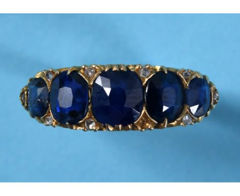 A Victorian 18ct gold, five stone sapphire and diamond ring, approx. ring size N  See illustrationReport by RBApprox. 6.1 gRe