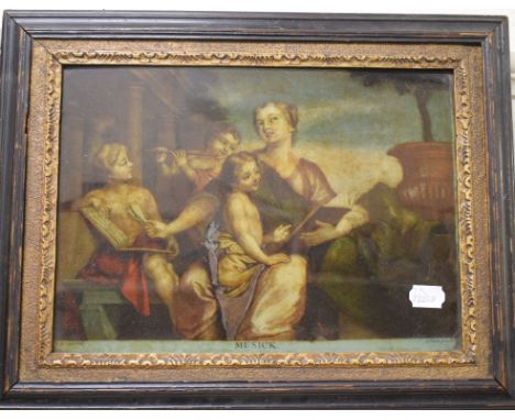 A reverse print on glass, Musick, a sample, worked by Frances Cole, and a table oil lamp (3) 