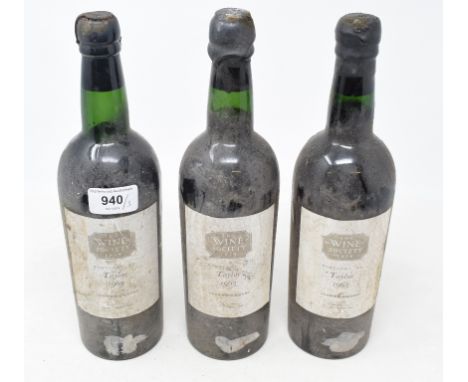 Three bottles of Taylor's vintage port 1963, some loss to wax capsules 